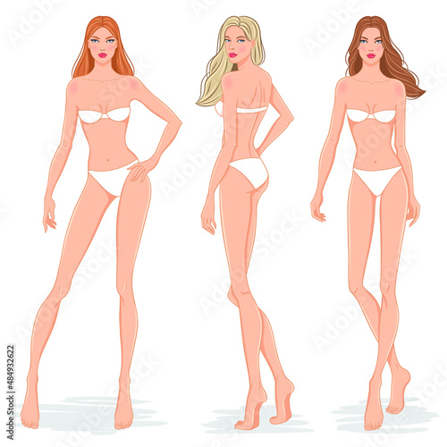 Fashion models posing, vector illustration. Women body templates. Nine head fashion female colored croquis with face and hairstyle, vector set.