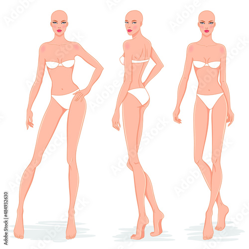 Fashion models posing, vector illustration. Women body templates. Nine head fashion female colored croquis, vector set.