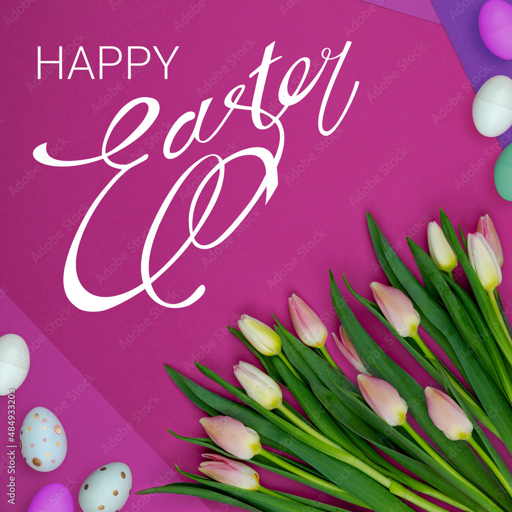 Modern fresh floral background for greeting card with Easter eggs and Chamomile on bright green and yellow surface