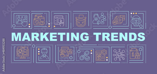Trends of marketing purple brochure template. Advertise campaign. Leaflet design with linear icons. 4 vector layouts for presentation, annual reports. Anton-Regular, Lato-Regular fonts used