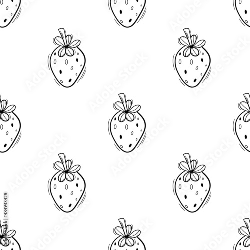 Black outline doodle strawberry seamless pattern on white.