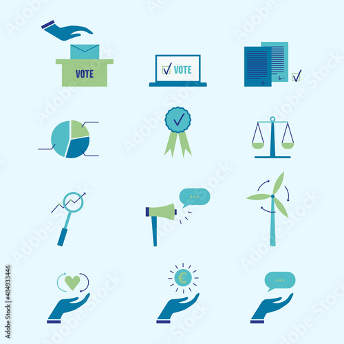 Set de pictogrammes vectoriels pour les élections. Pictogrammes autour de questions de société, de politique, de social et d'écologie. 