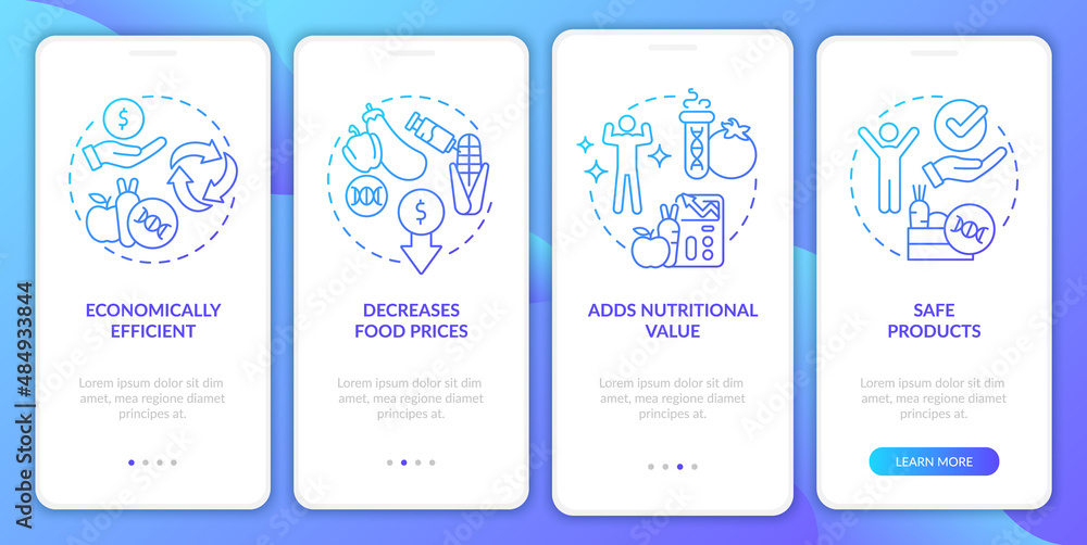 Advantages of gmo blue gradient onboarding mobile app screen. Food issues walkthrough 4 steps graphic instructions pages with linear concepts. UI, UX, GUI template. Myriad Pro-Bold, Regular fonts used