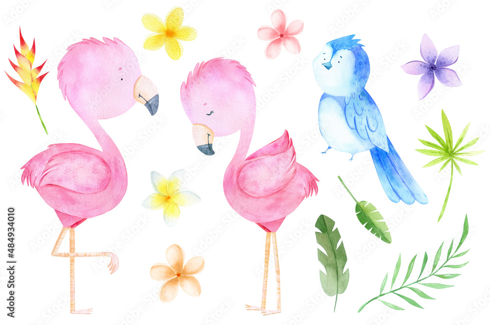 Watercolor baby cartoon flamingo and birds. Tropical cute birds. Jungle animals. Safari baby animals, cute childish baby shower illustration. Tropical flowers and leaves.