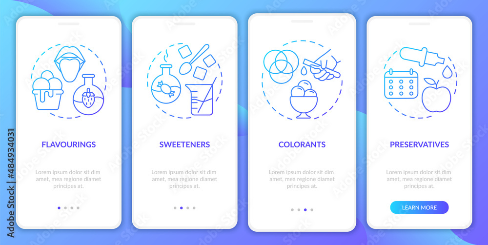 Food additives blue gradient onboarding mobile app screen. Walkthrough 4 steps graphic instructions pages with linear concepts. UI, UX, GUI template. Myriad Pro-Bold, Regular fonts used