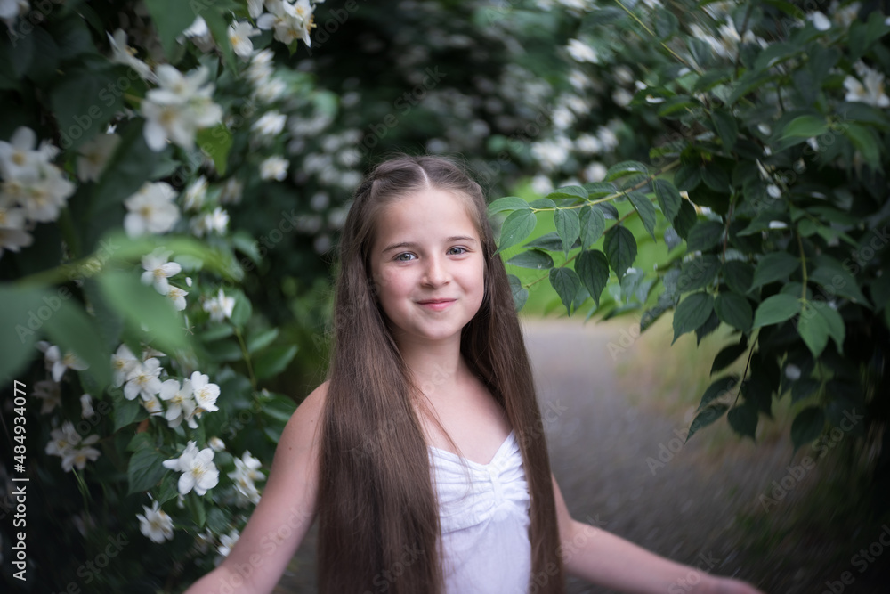 A beautiful girl with long hair stands in the flowering bushes of Philadelphus coronarius. A beautiful girl with long hair stands in the flowering bushes of Philadelphus coronarius.