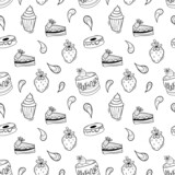 Bakery black doodle outline set with pastry. Cakes, donuts, buns and strawberries.