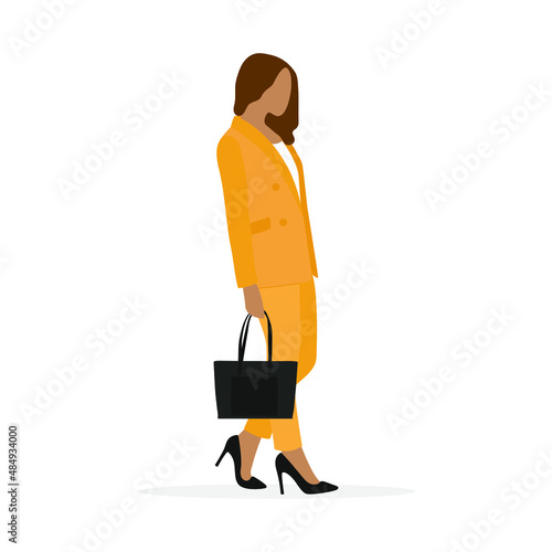 A female character in a business suit and with a bag in her hand stands on a white background