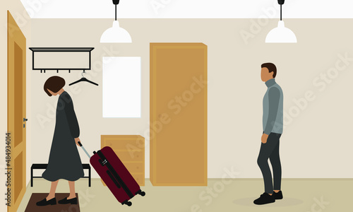A female character with a suitcase on wheels walks to the door in the hallway  while a male character looks at it
