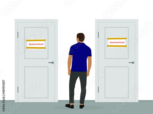 A male character stands in front of two doors with a "Quarantined" sign