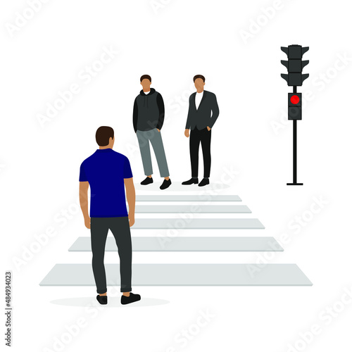 Three male characters stand on opposite sides of a pedestrian crossing with a red traffic light