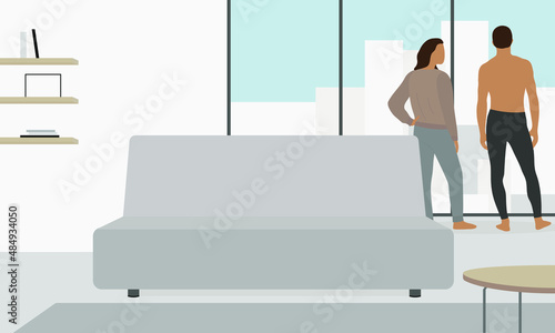 A male character and a female character in home clothes are standing in a room near a panoramic window