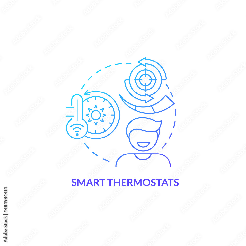 Smart thermostats blue gradient concept icon. Smart home device abstract idea thin line illustration. Setting optimal temperature at home. Isolated outline drawing. Myriad Pro-Bold font used Smart thermostats blue gradient concept icon. Smart home device abstract idea thin line illustration. Setting optimal temperature at home. Isolated outline drawing. Myriad Pro-Bold font used