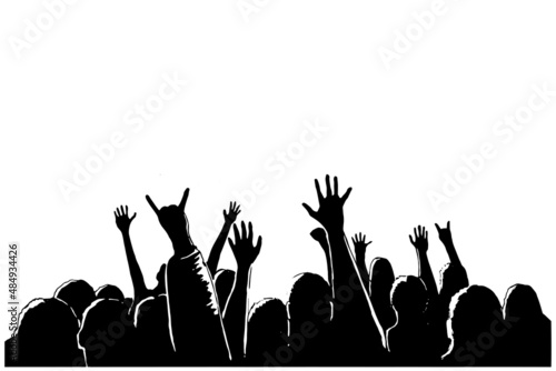 Silhouettes of people, the audience at the concert. Crowd of fans in front of the stage. Vector illustration.