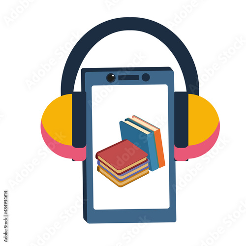 Vector audiobook application on smartphone. Phone with earphones. Stack of books. Digital library for reading. Vector illustration