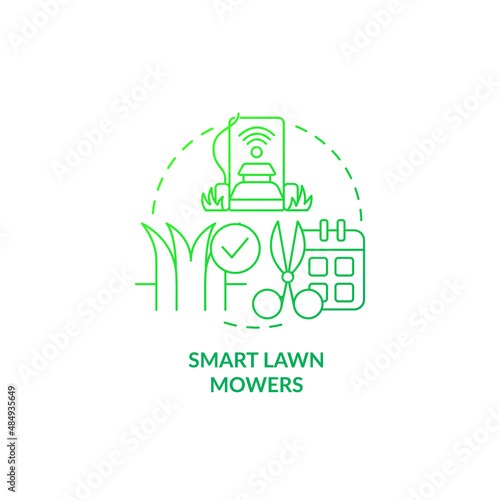 Smart lawn mowers green gradient concept icon. Smart agriculture abstract idea thin line illustration. Robotic device for yard mowing. Isolated outline drawing. Myriad Pro-Bold font used