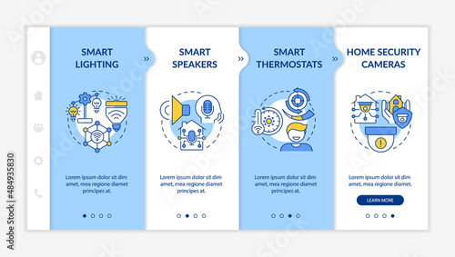 Smart home gadgets blue and white onboarding template. Speakers and lightbulbs. Responsive mobile website with linear concept icons. Web page walkthrough 4 step screens. Lato-Bold, Regular fonts used
