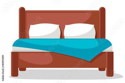 Double bed with duvet and pillows on white