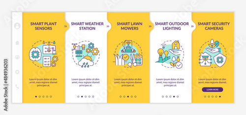 Smart devices for gardening yellow onboarding template. Outdoor lighting. Responsive mobile website with linear concept icons. Web page walkthrough 5 step screens. Lato-Bold, Regular fonts used