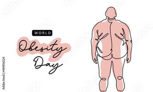 Obesity awareness day simple vector poster, banner, background. Fat man and his slim silhouette. One continuous line art drawing illustration of fat , overweight man