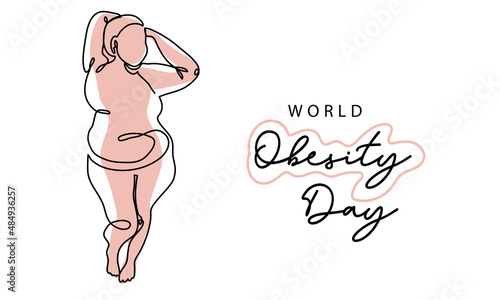 World obesity day simple vector poster, banner, background. Fat woman, girl and her slim silhouette. One continuous line art drawing illustration of fat , overweight woman