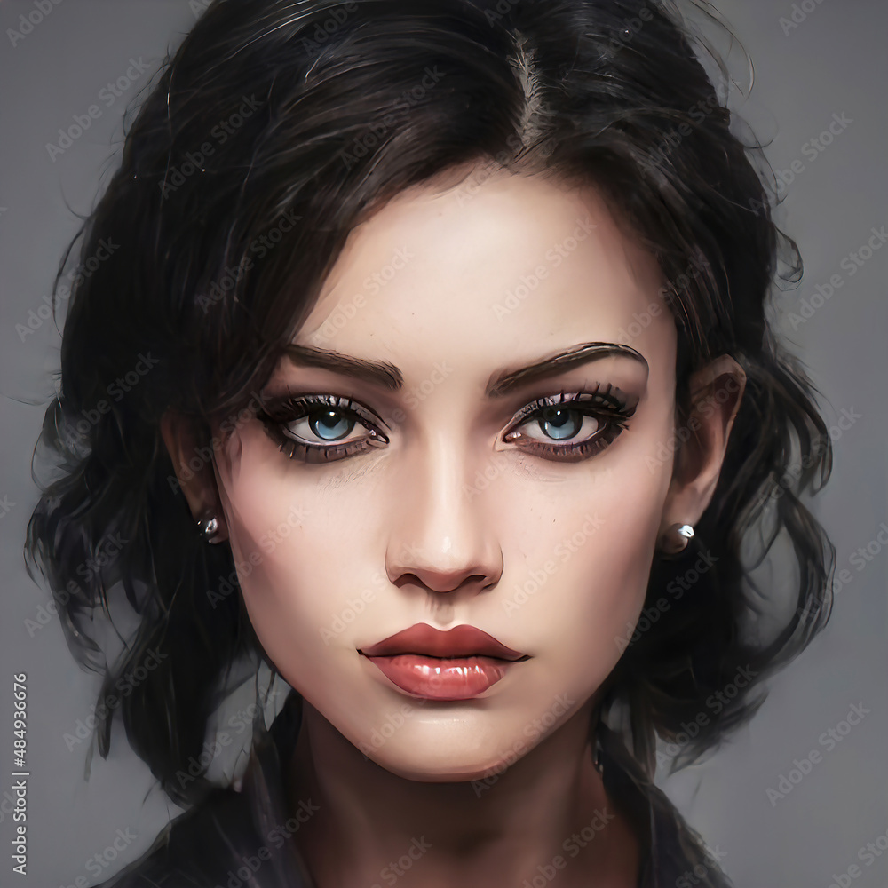 Beautiful portrait brunette woman black hair. Beauty black dyed hair girl.  Close-up of face, beautiful makeup. Illustration Stock Illustration