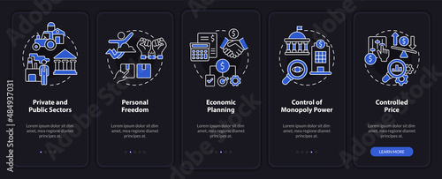 Mixed economy features night mode onboarding mobile app screen. Walkthrough 5 steps graphic instructions pages with linear concepts. UI, UX, GUI template. Myriad Pro-Bold, Regular fonts used