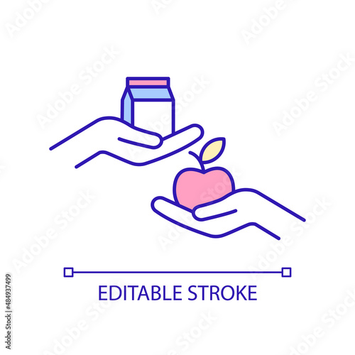 Barter RGB color icon. Economic model. Products and food exchange. Swapping foodstuff and commodity. Isolated vector illustration. Simple filled line drawing. Editable stroke. Arial font used