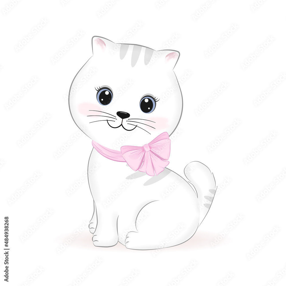 Cute little white Cat, animal cartoon illustration