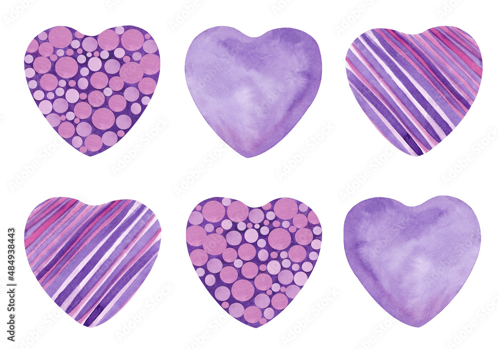 Watercolor set of hearts isolated on white background. Hand drawn collection of pinkish and blue hearts for your design Watercolor set of hearts isolated on white background. Hand drawn collection of pinkish and blue hearts for your design