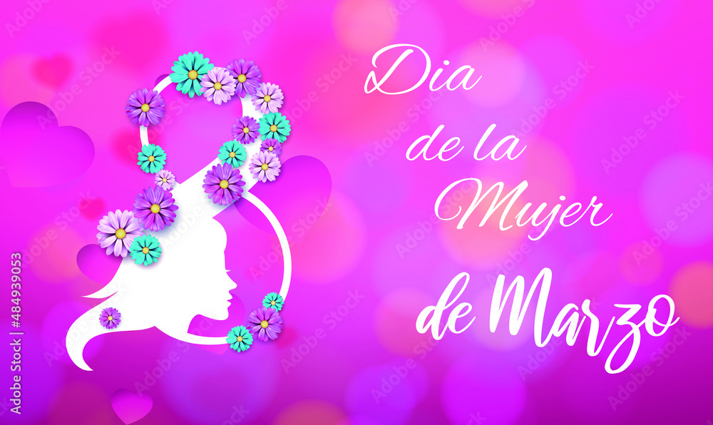 tarjeta o pancarta en el día de la mujer el 8 de marzo en blanco sobre un fondo rosa con círculos en efecto bokeh y en el ocho está el perfil de una mujer y flores tarjeta o pancarta en el día de la mujer el 8 de marzo en blanco sobre un fondo rosa con círculos en efecto bokeh y en el ocho está el perfil de una mujer y flores