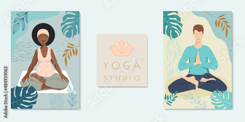 Yoga studio poster. People practicing lotus asana. Logo and copy space Horizontal vector illustration
