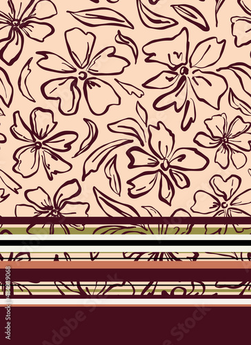 Abstract flowers with leaves border print. Hand drawn botanical elements with different sized stripes on bottom.