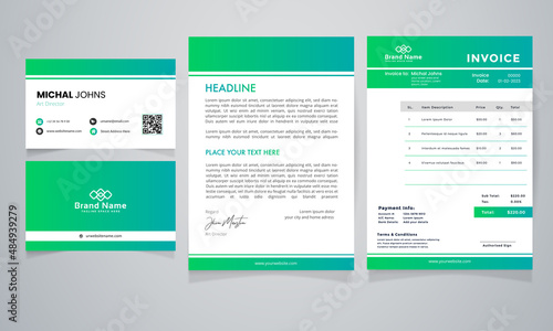 Modern stationery pack with business card letterhead invoice template
