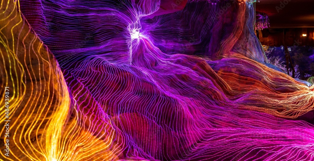 Abstract wave of digital weave lines connecting network dots and dark ...
