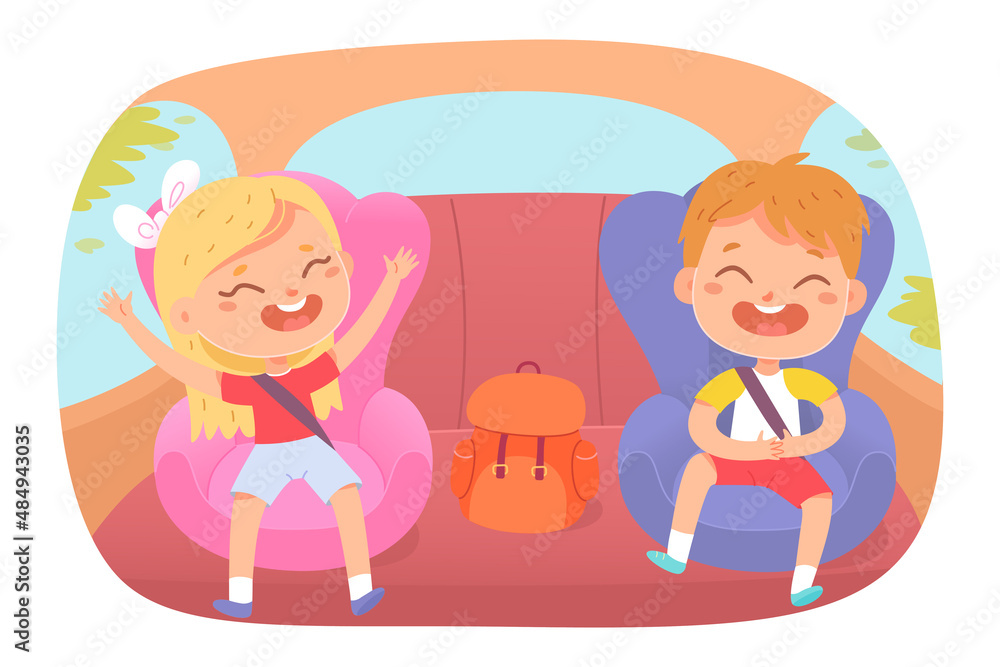 Kids sit in backseat, happy boy and girl playing fun game, passengers wearing seat belts