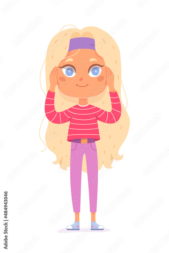 Cute girl covering ears to block out noise so as not to hear evil like wise monkey Cute girl covering ears to block out noise so as not to hear evil like wise monkey