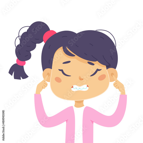Sad kid covering ears with fingers and hands, unhappy girl standing and ignoring noise