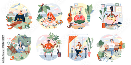 People relax in zen pose set, sitting in lotus position, relaxing in office, home or park