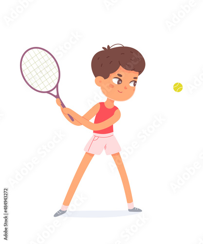 Kid player playing tennis with racket and ball on court, fun outdoor recreation of boy