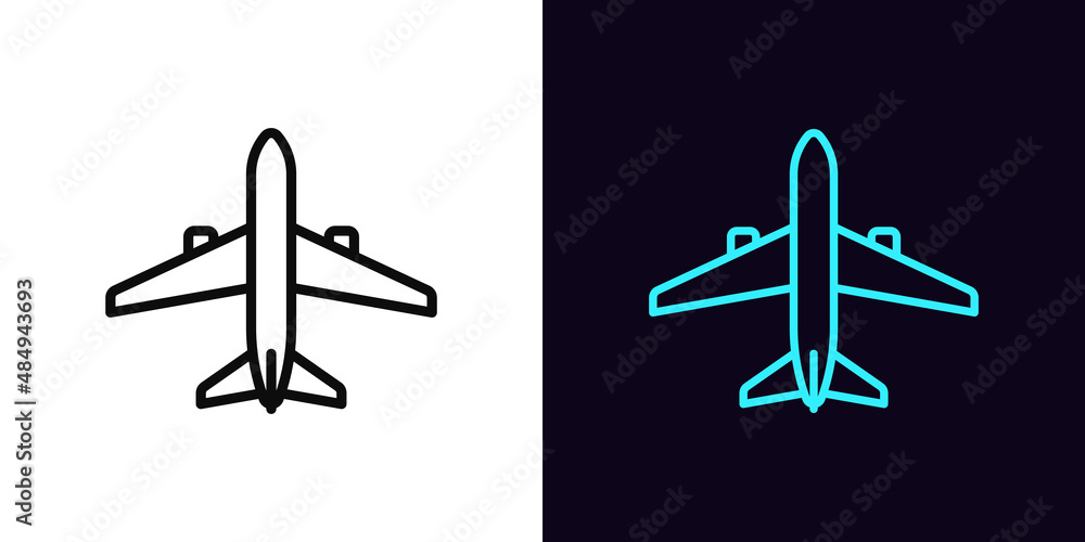 Outline airplane icon, with editable stroke. Linear plane sign, aircraft pictogram Outline airplane icon, with editable stroke. Linear plane sign, aircraft pictogram