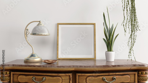 Square blank frame mockup in living room interior with indoor plants on empty white wall background. 3D rendering. 3D illustration.