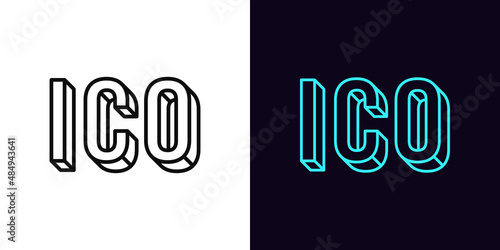 Outline ICO icon, with editable stroke. Linear isometric ICO text for crypto market