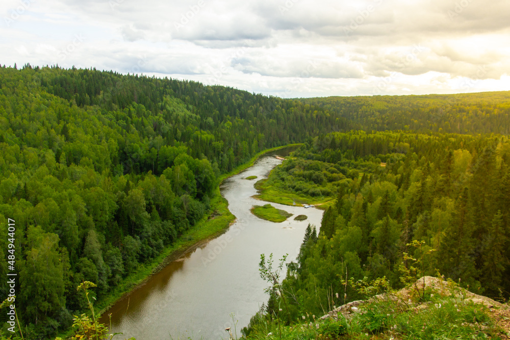 Aerial view to the forest river on sunset. Perm region, Russia Aerial view to the forest river on sunset. Perm region, Russia