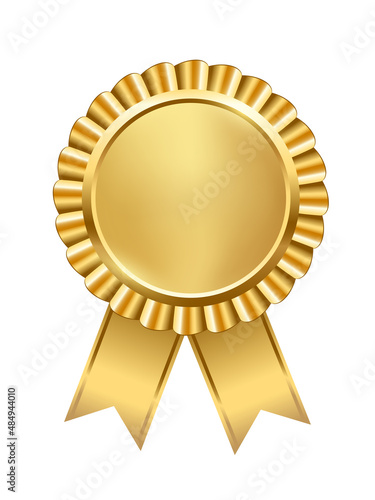 Gold award badge with ribbon vector illustration. 3d realistic circle shiny emblem trophy for win achievement, label sticker for quality exclusive choice isolated on white background.
