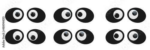 Panda toy eyes set vector illustration. Wobbly plastic open eyeballs of funny Chinese bear looking up, down, left, right, crazy round parts with black pupil collection isolated on white background