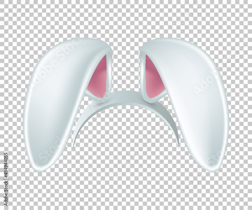 Rabbit ears realistic 3d vector illustration. Easter bunny ears kid headband, mask. Hare costume white and pink element. Photo editor, booth, video chat app isolated on transparent background