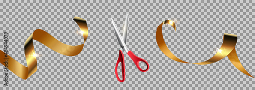 Red scissors cut gold ribbon realistic illustration. Grand opening ceremony symbols, 3d accessories on transparent background. Traditional ritual before launching new business, campaign