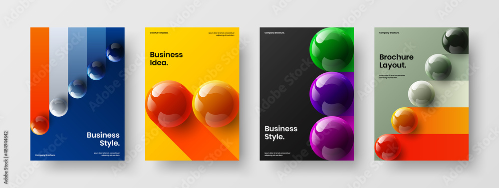 Premium magazine cover design vector layout composition. Original 3D spheres pamphlet template bundle.