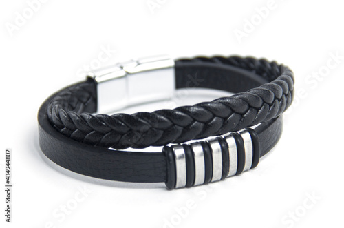 Men's leather bracelet on a white background